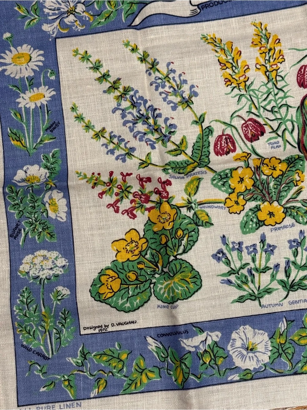 VTG 1972 D Vaughan Oxfordshire Wild Flowers Linen Tea Towel Womens Institute